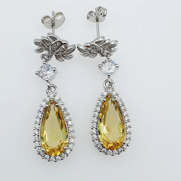 925 Silver Pear Cut Flower Shaped Yellow Earrings, FB16FA1041 - Picture 3 of 4